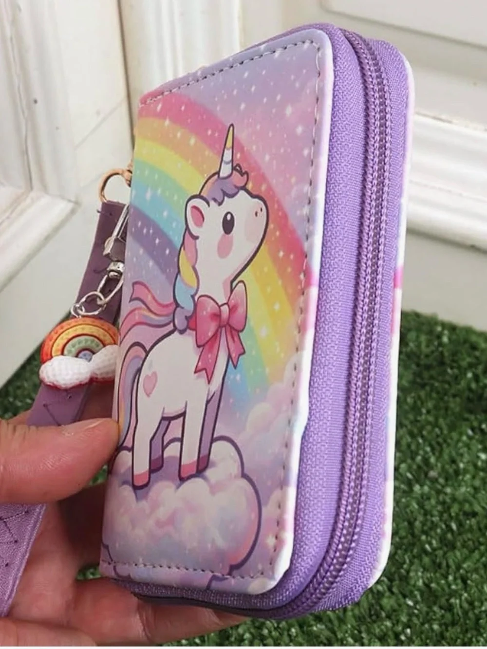 Purple Kids Unicorn Wallet with Rainbow Charm - Cute Wristlet
